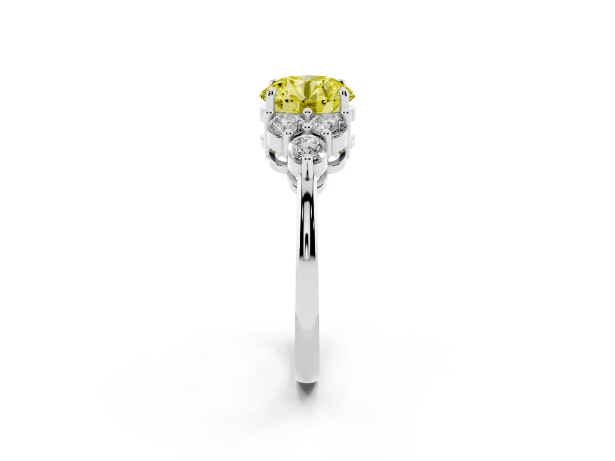 Fancy Yellow Round Cut Brilliant Diamond Cluster Accent Solitaire Ring with Prong Setting White gold