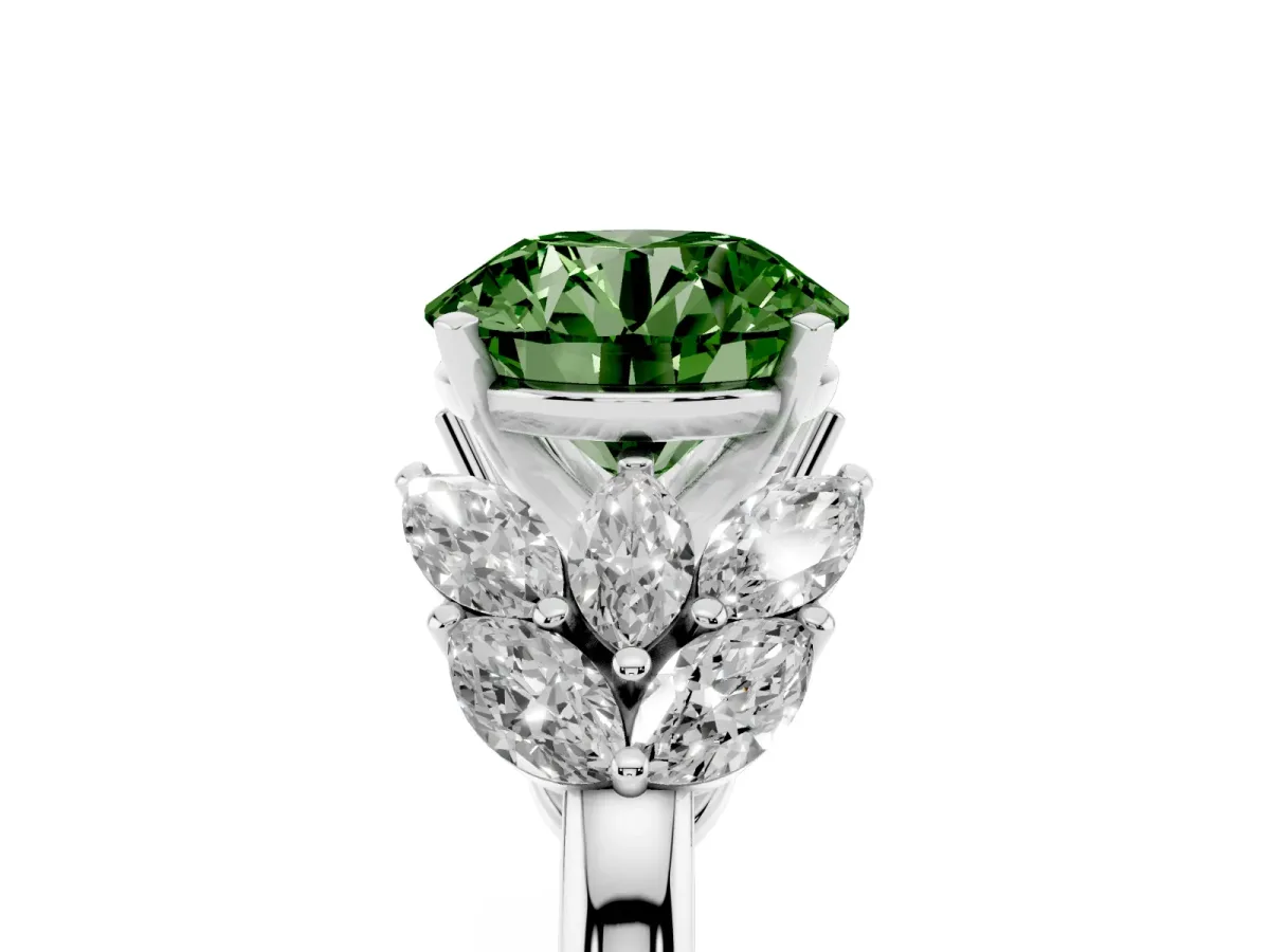 Fancy Green Round Cut Diamond Cluster Leaf Design Ring with Prong Setting Platinum