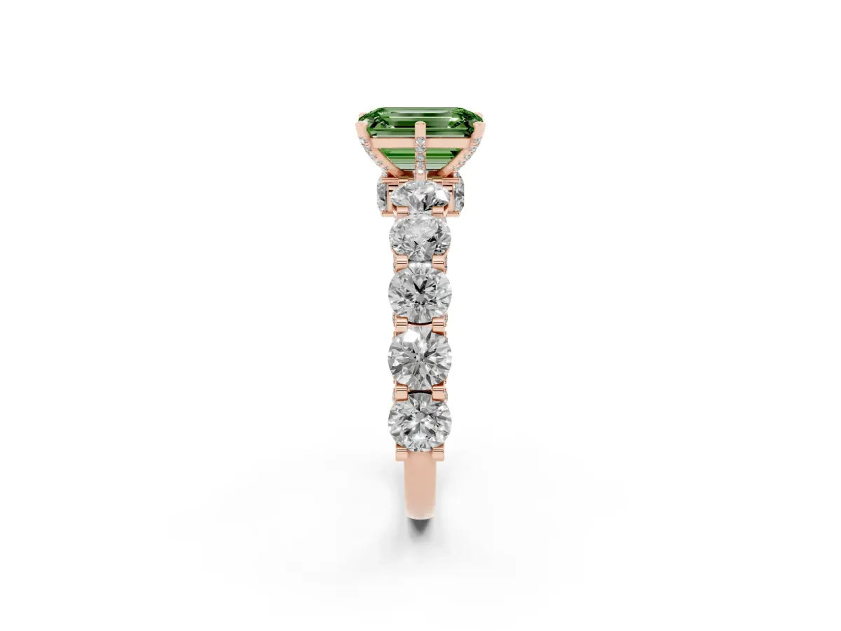 Fancy Green Emerald Cut Diamond Side Stone Engagement Ring with Four-Prong Setting Rose gold