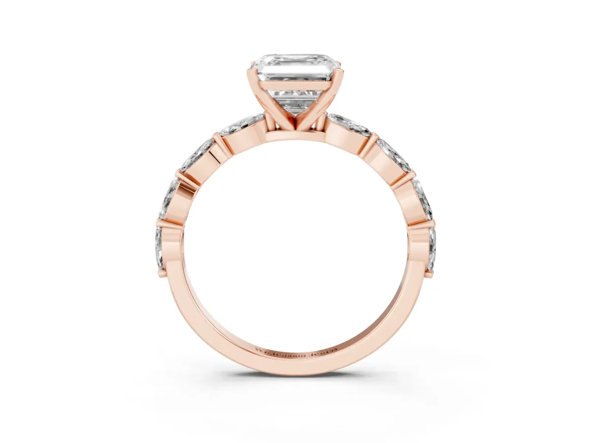 Asscher Cut Diamond Ring with Marquise Side Stones and Prong Setting Rose gold