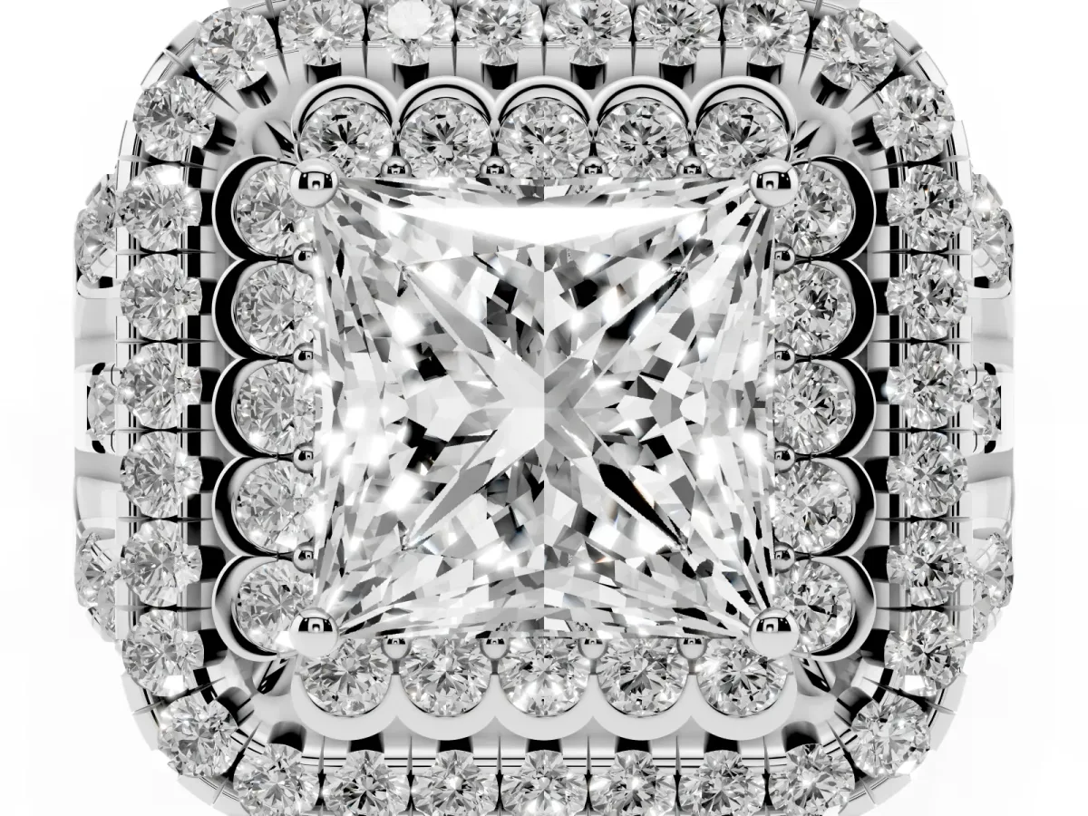 Princess Cut Diamond Double Halo Ring with Round Pavé Split Shank and Prong Setting Silver