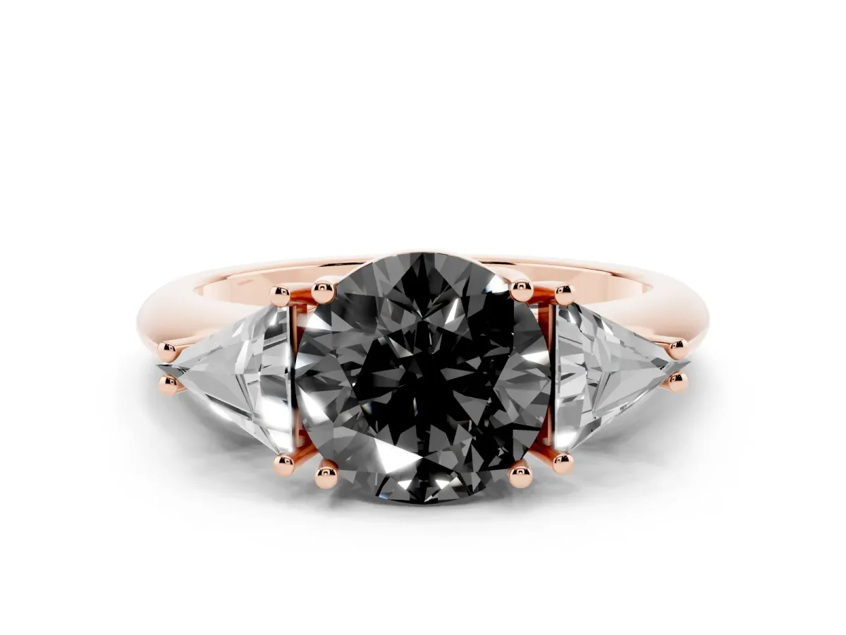 Fancy Black Three-Stone Round Cut Diamond Engagement Ring with Trillion Side Stones and Prong Setting Rose gold
