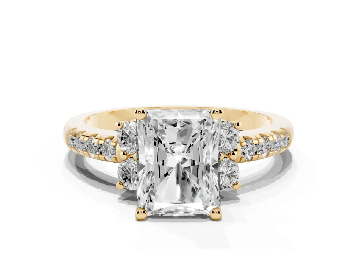 Radiant Cut Diamond Three-Stone Pave Band with Four-Prong Setting Yellow gold