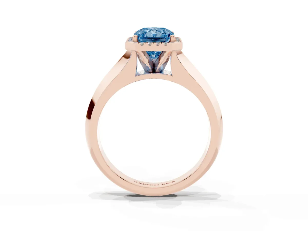 Fancy Blue Radiant Cut Halo Diamond Ring with Cathedral Band and Four-Prong Setting Rose gold