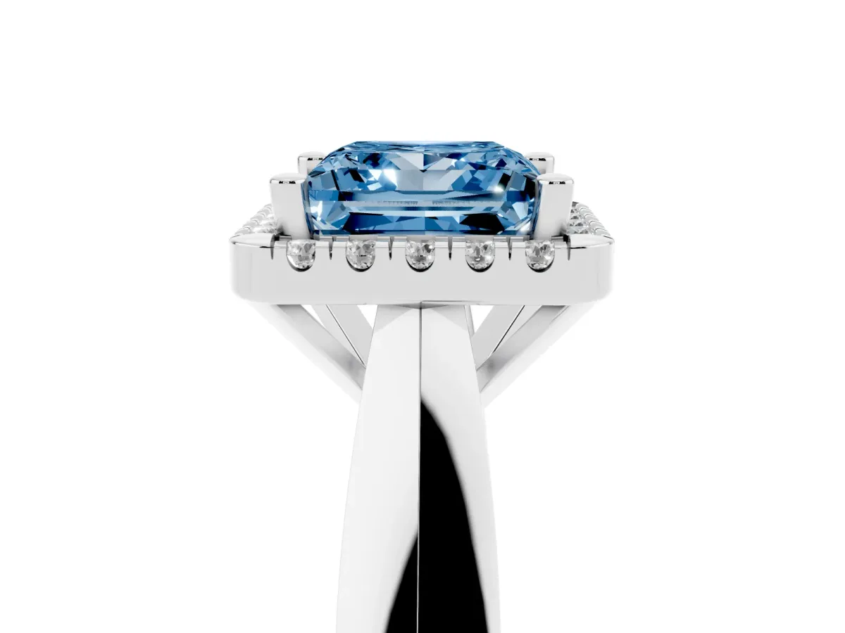 Fancy Blue Princess Cut Cut Halo Solitaire Engagement Ring with Square Band and Four-Prong Setting Silver