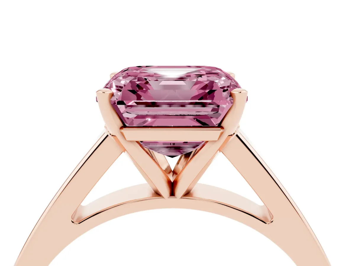 Fancy Pink Asscher Cut Solitaire Engagement Ring with Four-Prong Setting and Tapered Band Rose gold