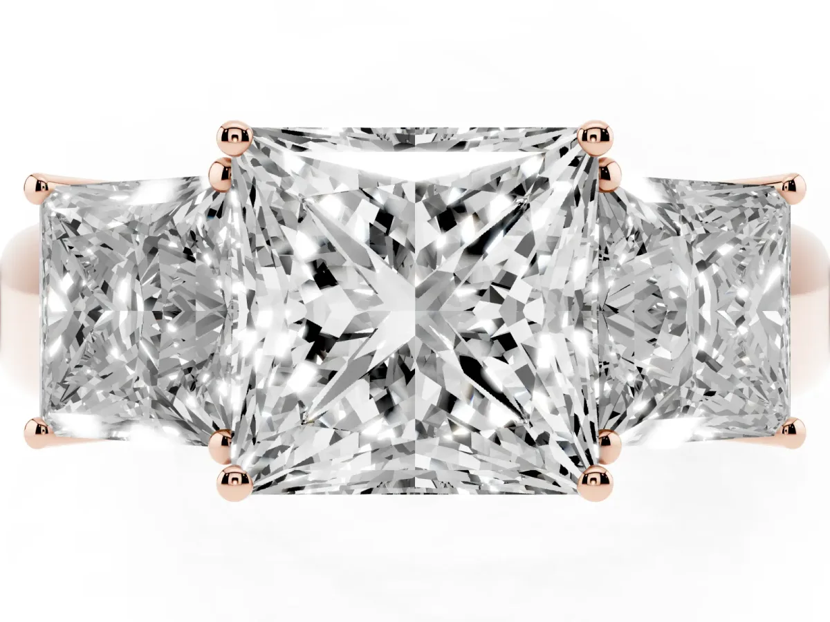 Three-Stone Princess Cut Cut Diamond Ring with Prong Setting and Classic Band Rose gold