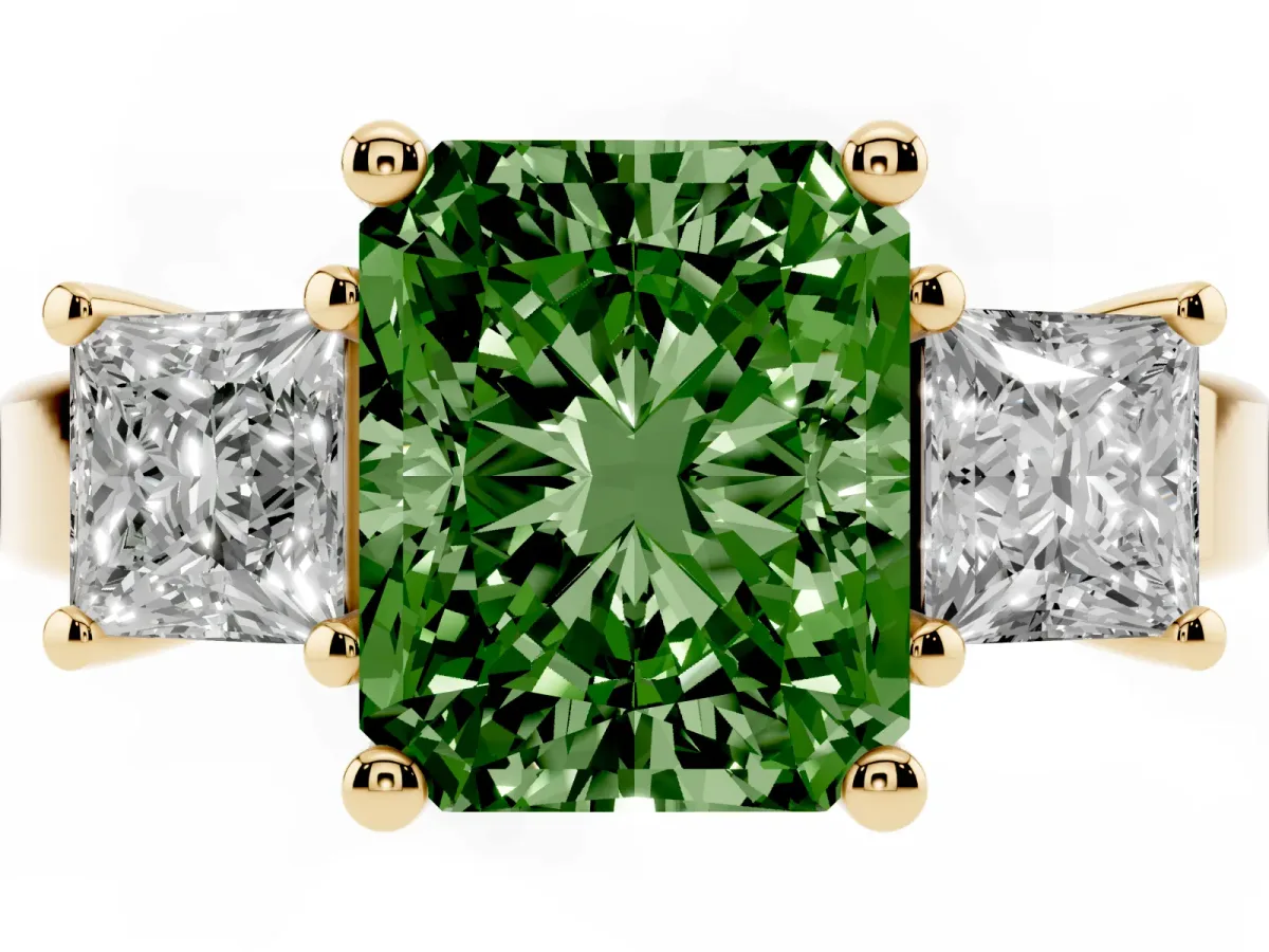 Fancy Green Three-Stone Radiant Cut Cut Solitaire Ring with Prong Setting Yellow gold