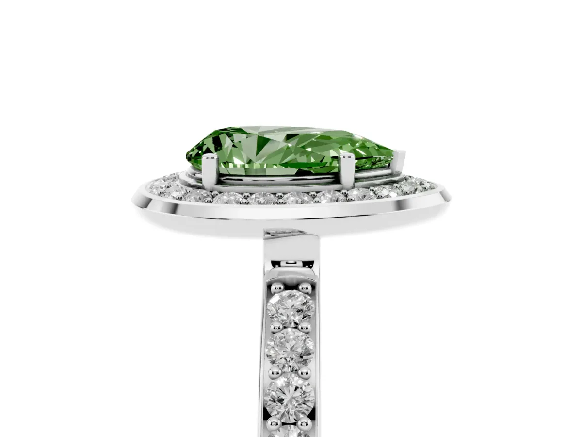 Fancy Green Pear Cut Diamond Halo Ring with Bezel Frame and Pavé Band Silver