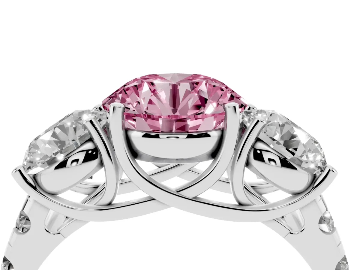 Fancy Pink Three-Stone Round Cut Diamond Pavé Band with Prong Setting Platinum