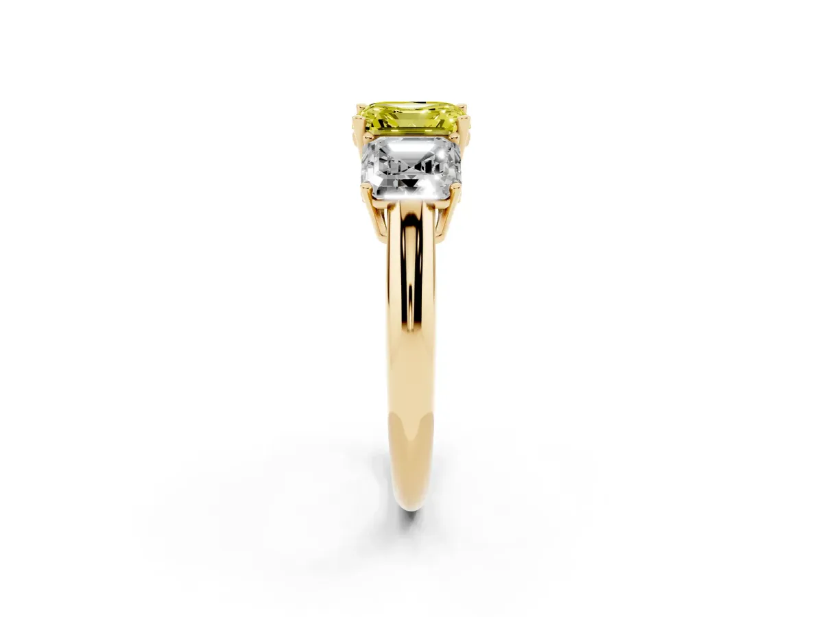 Fancy Yellow Three-Stone Asscher Cut Cut Diamond Engagement Ring with Prong Setting on a White Gold Band Yellow gold