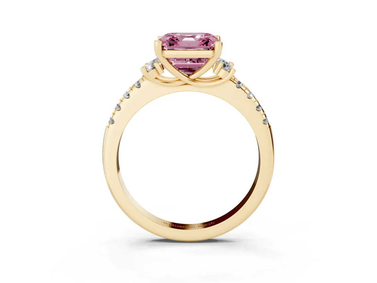Fancy Pink Asscher Cut Diamond Three-Stone Pave Band with Four-Prong Setting Yellow gold