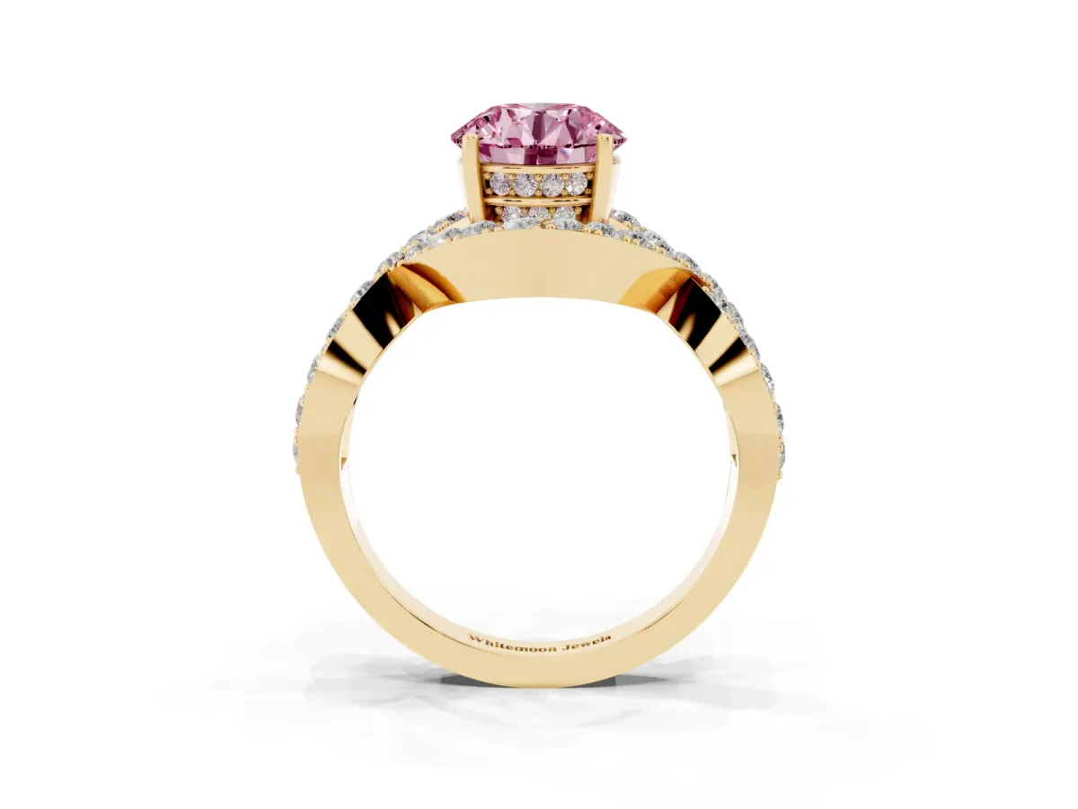 Fancy Pink Round Cut Solitaire Twist Band Pavé Diamond Engagement Ring Yellow gold