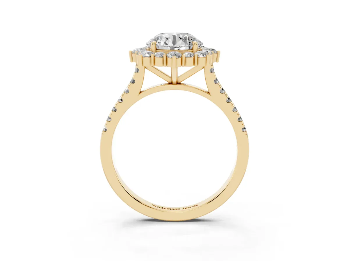Round Cut Halo Diamond Ring with Pavé Band and Prong Setting Yellow gold