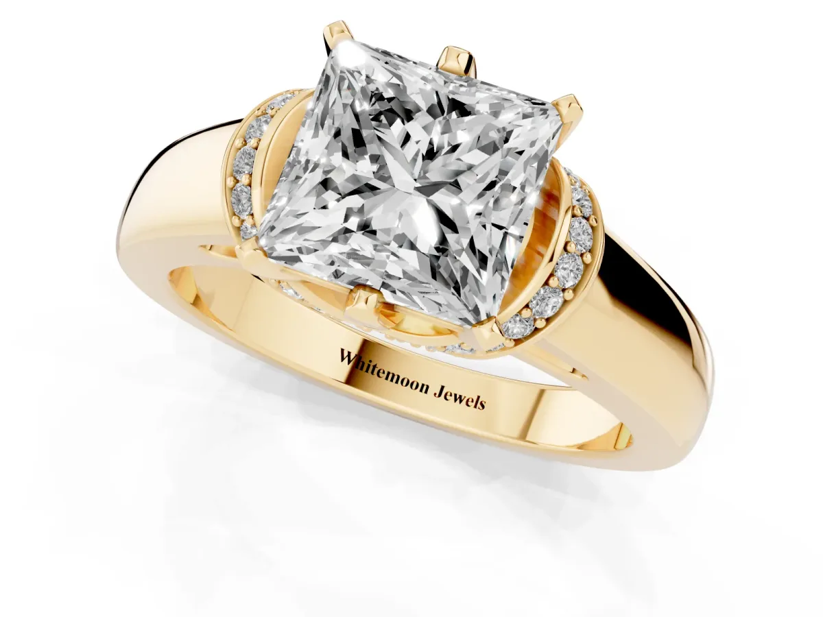 Princess Cut Solitaire Diamond Ring with Pave Band and Six-Prong Setting Yellow gold