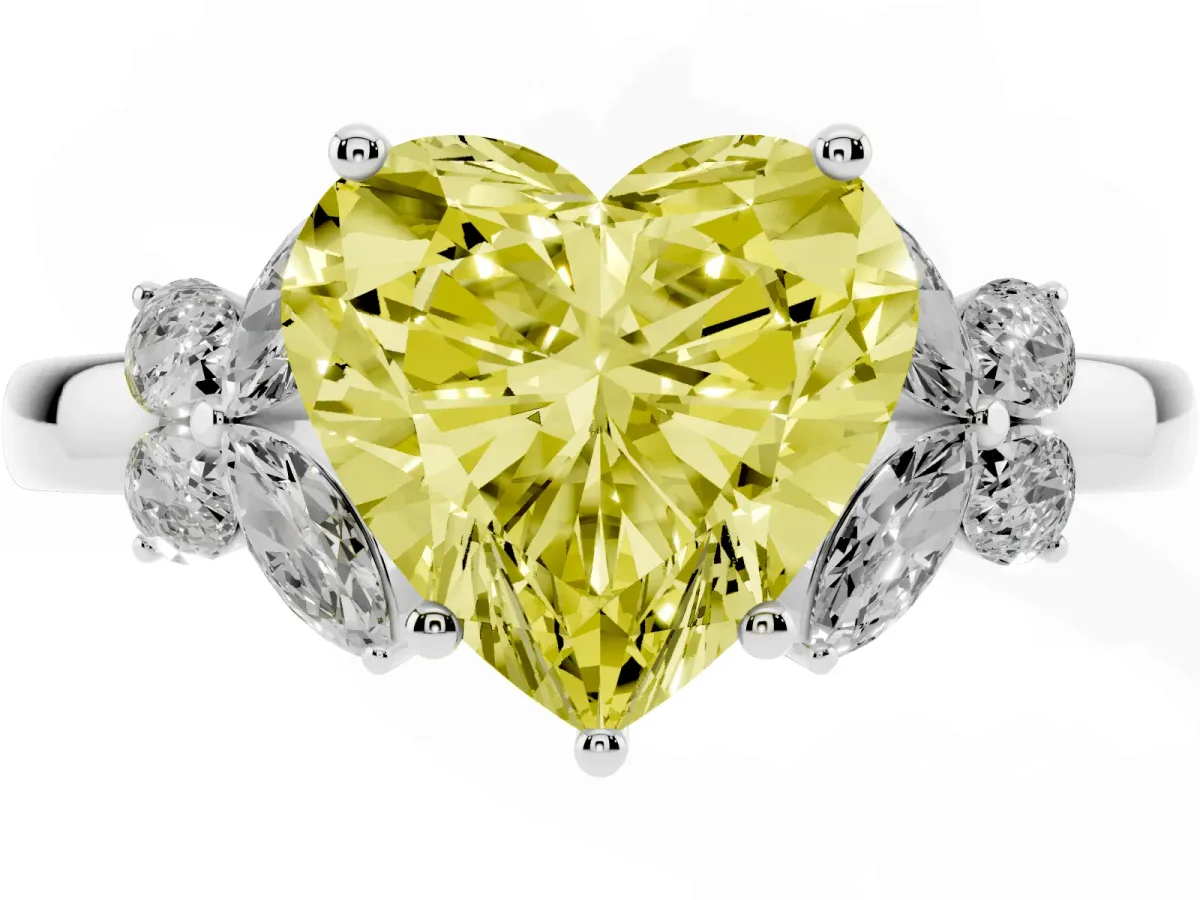 Fancy Yellow Heart Cut Cut Solitaire Floral Diamond Ring with Four-Prong Setting Silver