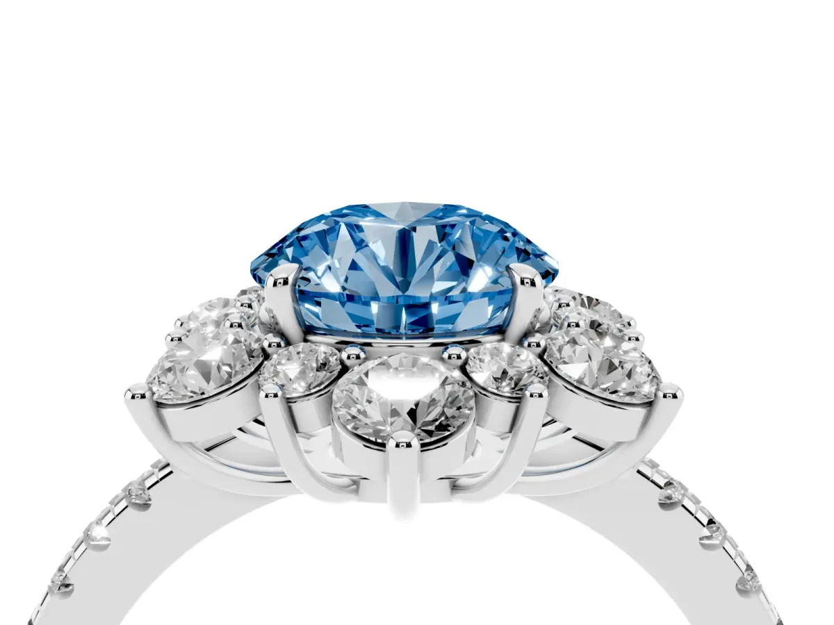 Fancy Blue Round Cut Diamond Floral Halo Ring with Round Pavé Band and Prong Setting Silver