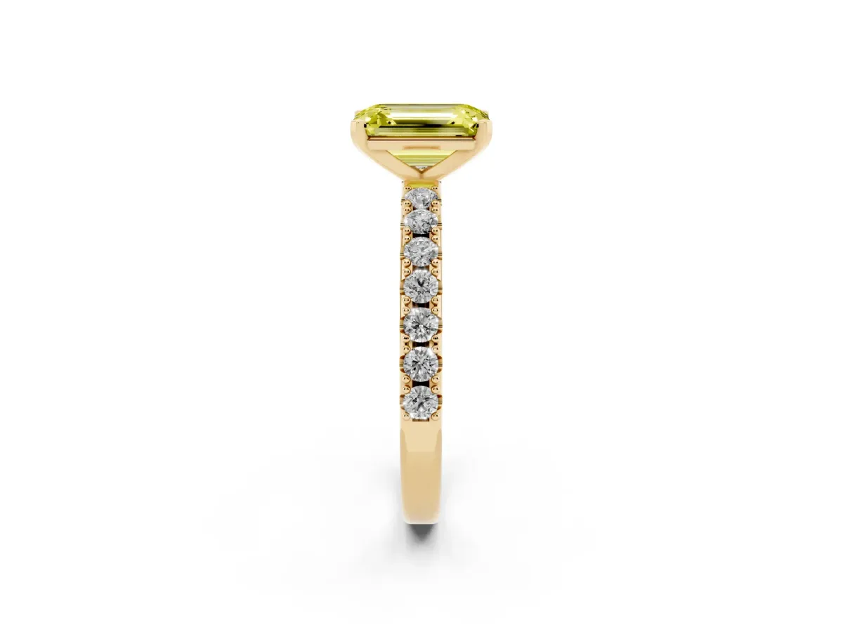 Fancy Yellow Emerald Cut Diamond Solitaire Pavé Band with Four-Prong Setting Yellow gold