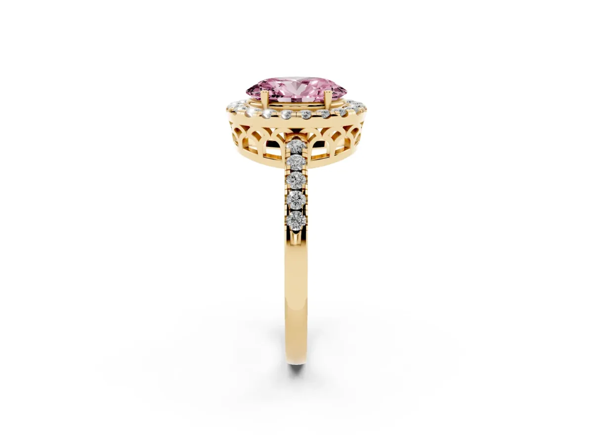 Fancy Pink Oval Cut Halo Diamond Engagement Ring with Pavé Band and Four-Prong Setting Yellow gold