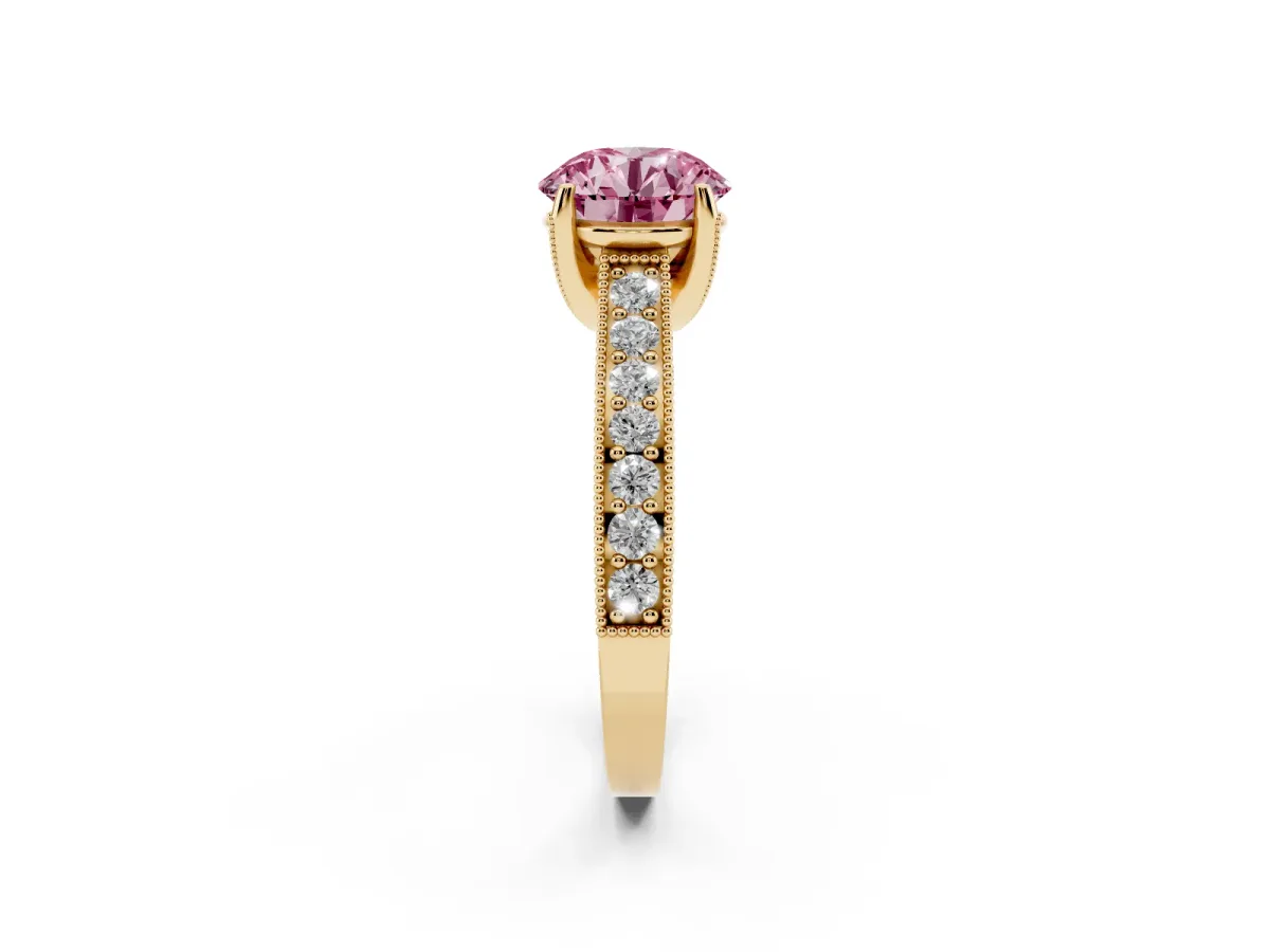 Fancy Pink Round Cut Cut Diamond Solitaire Ring with Milgrain Pave Band and Four Prong Setting Yellow gold