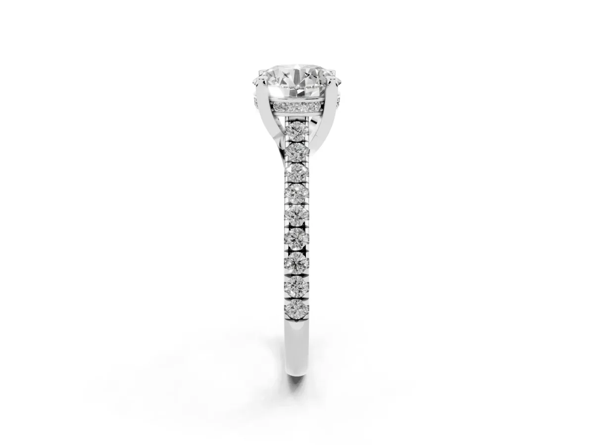 Round Cut Brilliant Diamond Solitaire with Pavé Band and Four-Prong Setting Silver