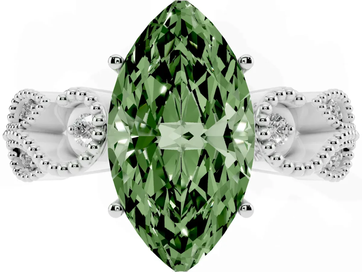Fancy Green Marquise Cut Solitaire Milgrain Leaf Band with Prong Setting Platinum