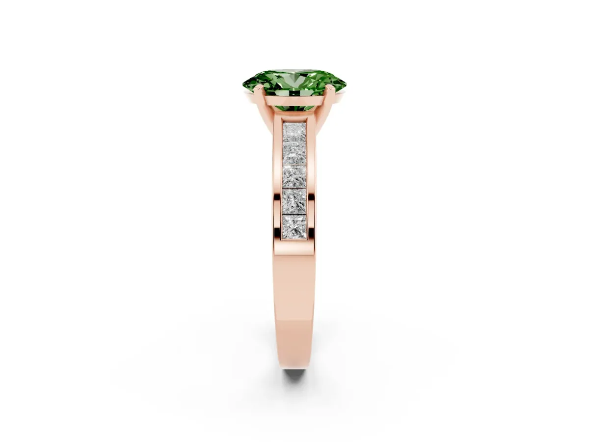 Fancy Green Oval Cut Solitaire Diamond Ring with Channel-Set Band and Four-Prong Setting Rose gold