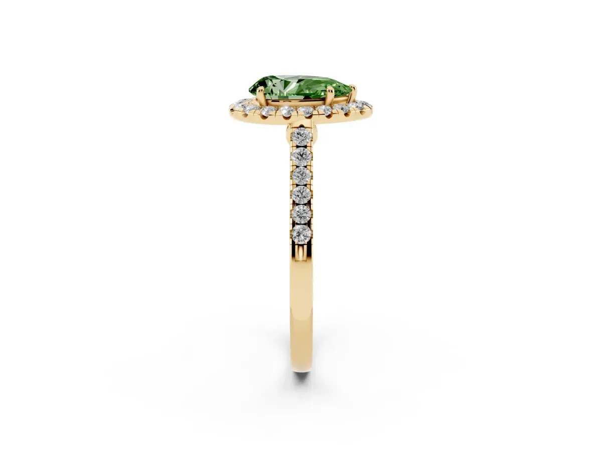 Fancy Green Pear Cut Halo Pave Diamond Engagement Ring with Four-Prong Setting Yellow gold