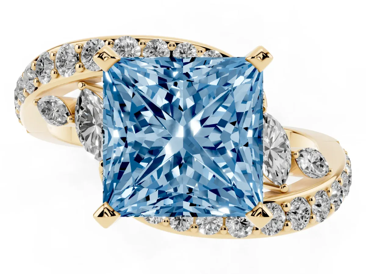 Fancy Blue Princess Cut Solitaire with Pavé Twist Band and Four-Prong Setting Yellow gold