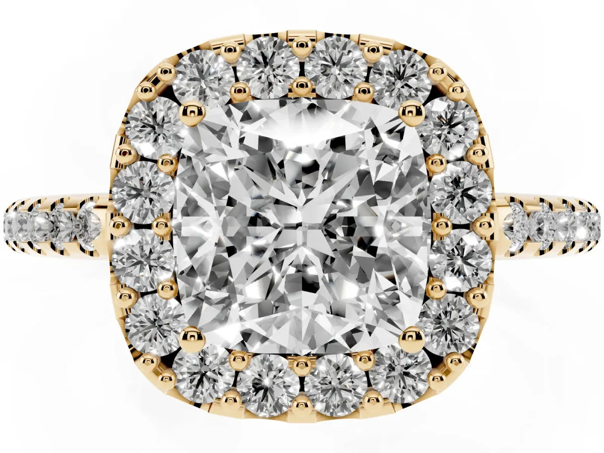 Cushion Cut Diamond Pavé Halo Ring with Four-Prong Setting Yellow gold