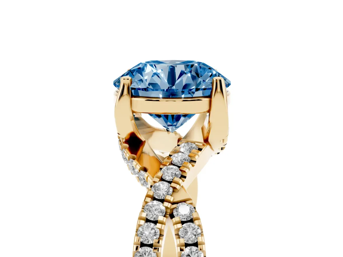 Fancy Blue Round Cut Solitaire Twist Pave Diamond Engagement Ring with Prong Setting Yellow gold