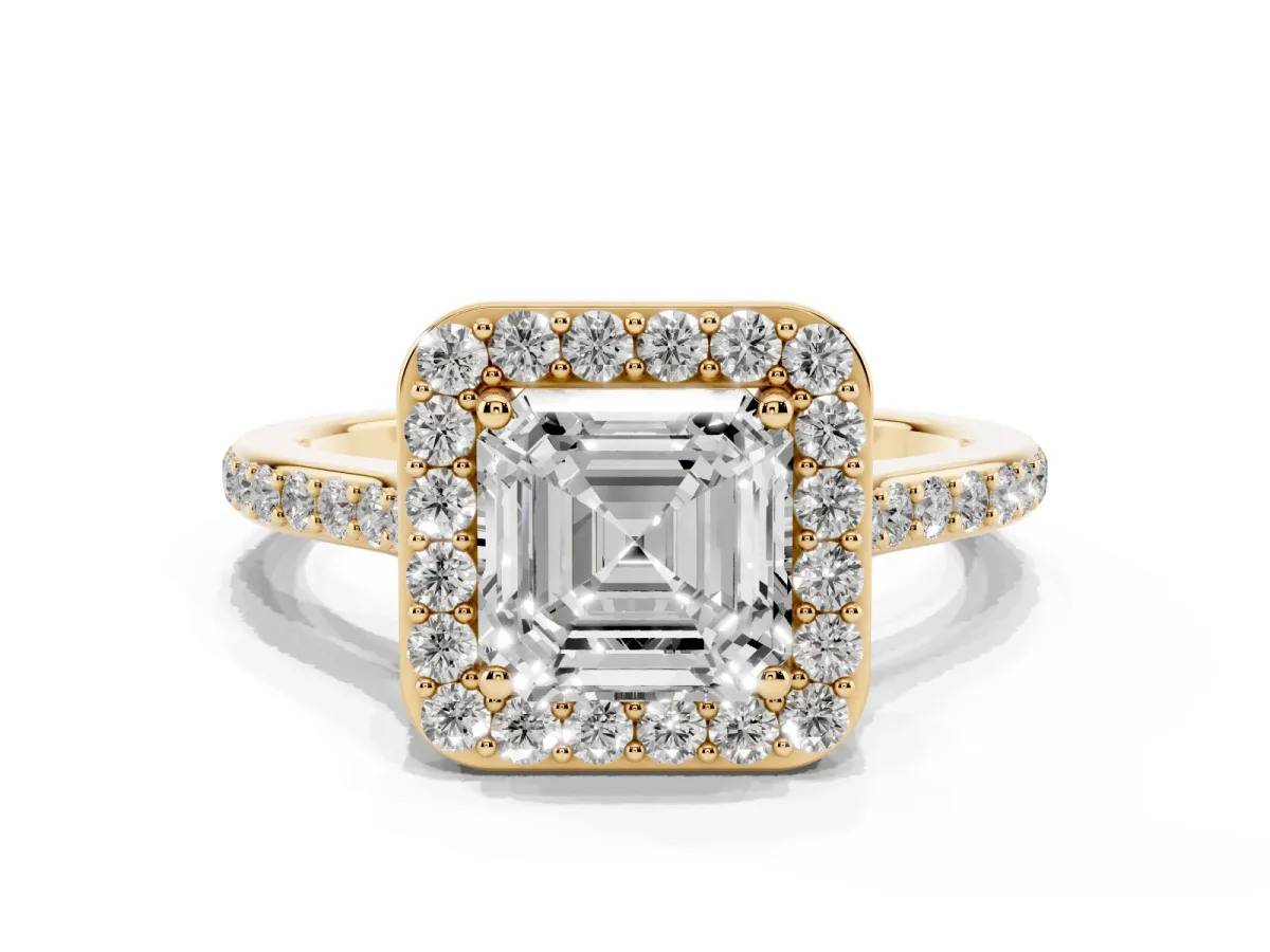 Asscher Cut Diamond Halo Engagement Ring with Round Pavé Shoulders and Prong Setting Yellow gold