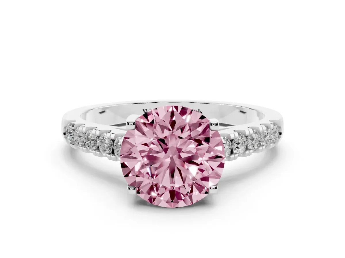 Fancy Pink Round Cut Diamond Pavé Band Solitaire Ring with Prong Setting Platinum