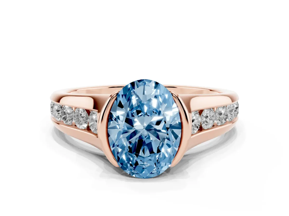 Fancy Blue Oval Cut Solitaire Bezel-Set Diamond Ring with Channel-Set Band Rose gold
