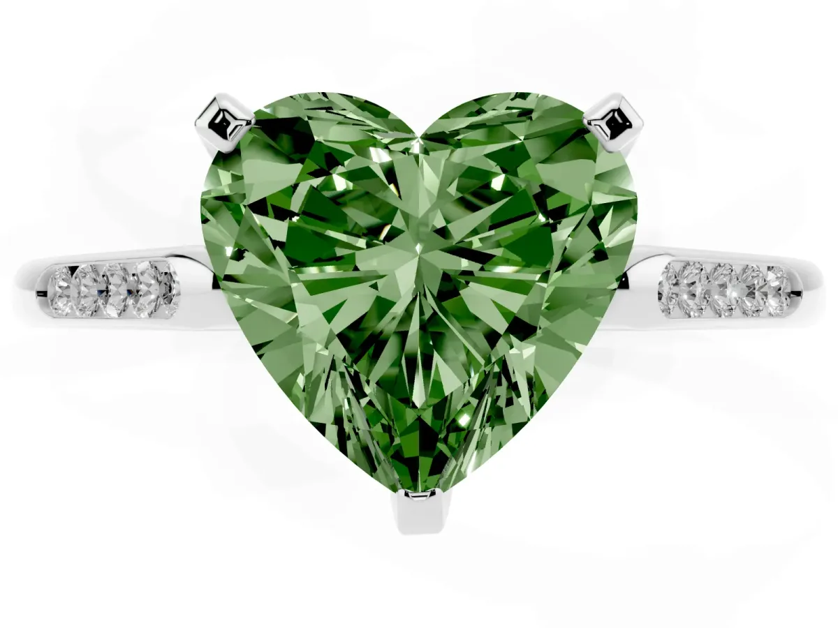 Fancy Green Heart Cut Diamond Solitaire Ring with Channel Set Round Band and Prong Setting Platinum