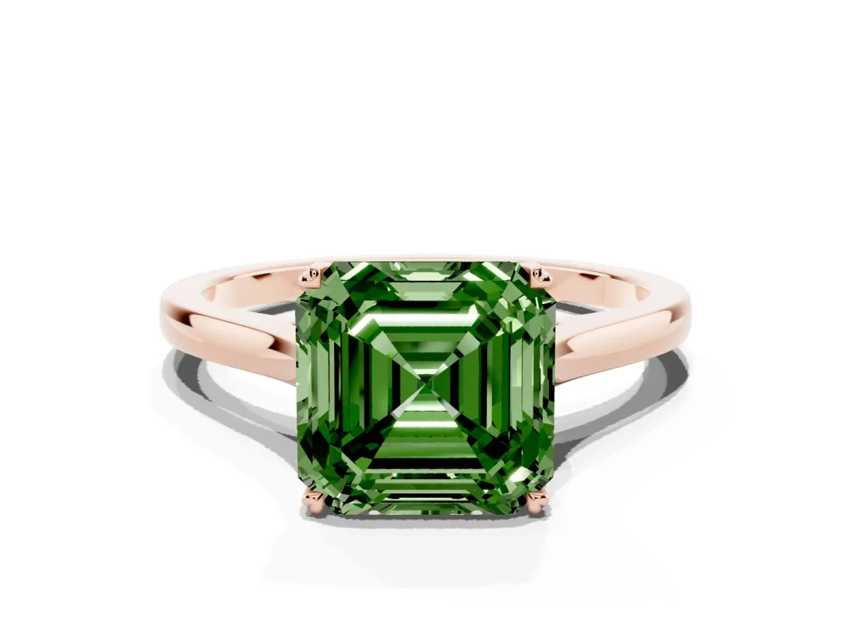 Fancy Green Asscher Cut Solitaire Heart Prong Engagement Ring with Tapered Band Rose gold