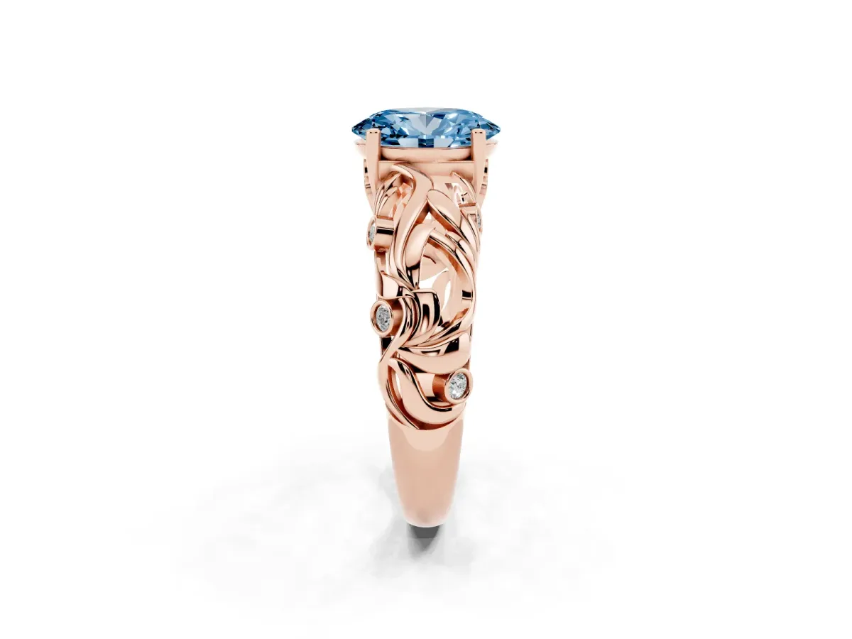 Fancy Blue Oval Cut Solitaire Diamond Leaf-Inspired Vine Band Ring with Prong Setting Rose gold