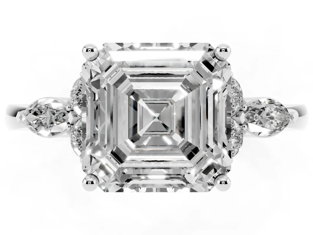 Asscher Cut Brilliant Diamond Solitaire Ring with Pear Side Stones and Four-Prong Setting Silver
