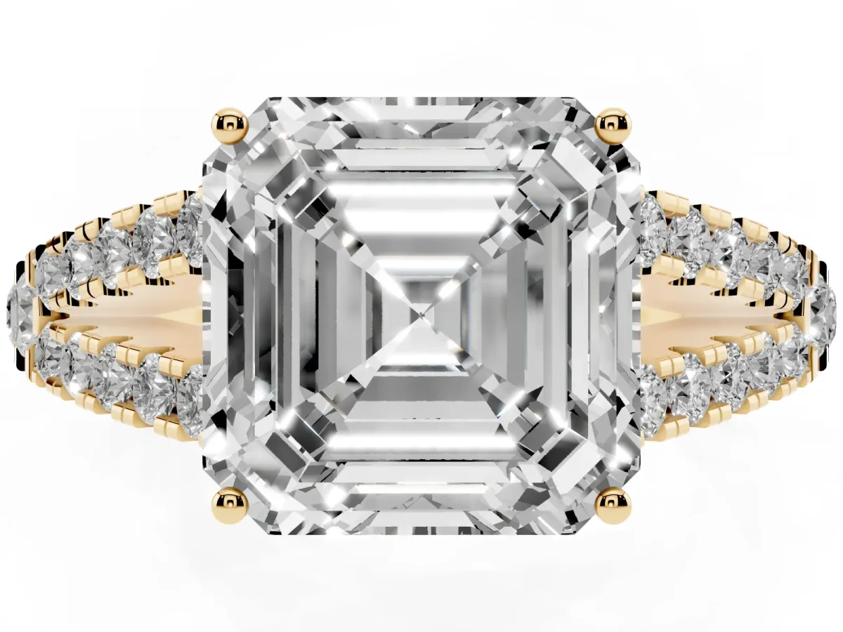 Asscher Cut Diamond Split Shank Engagement Ring with Round Pavé and Prong Setting Yellow gold