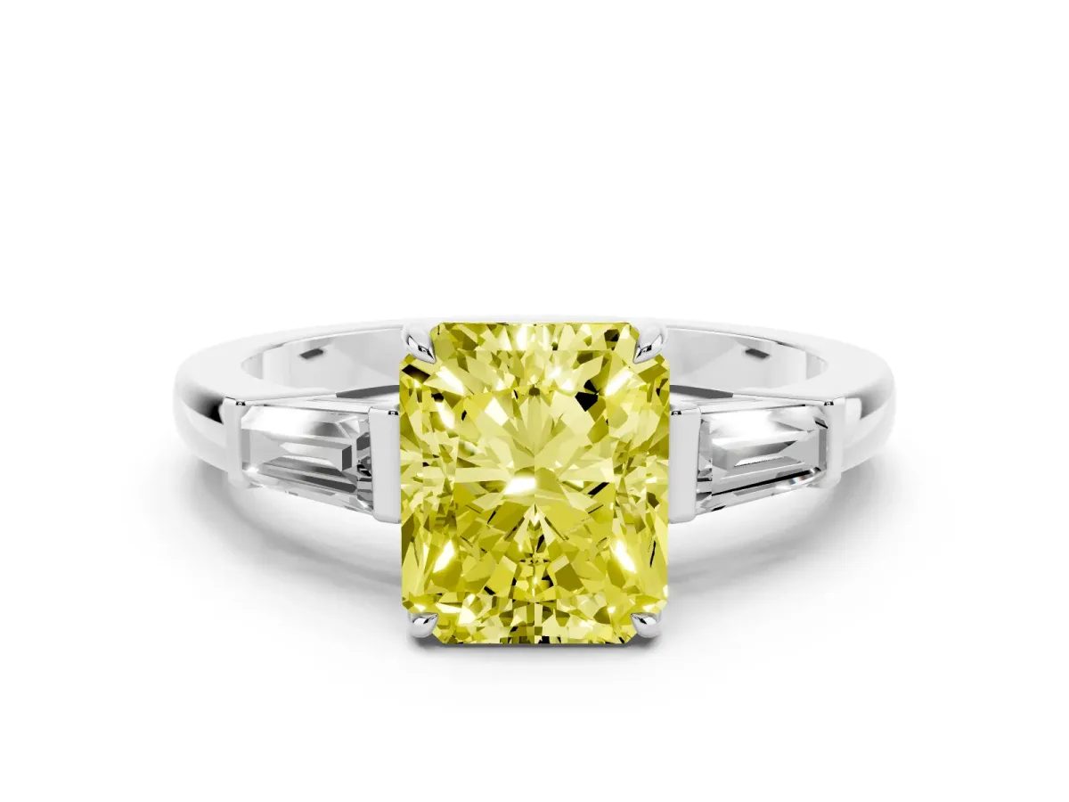 Fancy Yellow Radiant Cut Diamond Three-Stone Ring with Tapered Baguette Side Stones and Prong Setting Silver