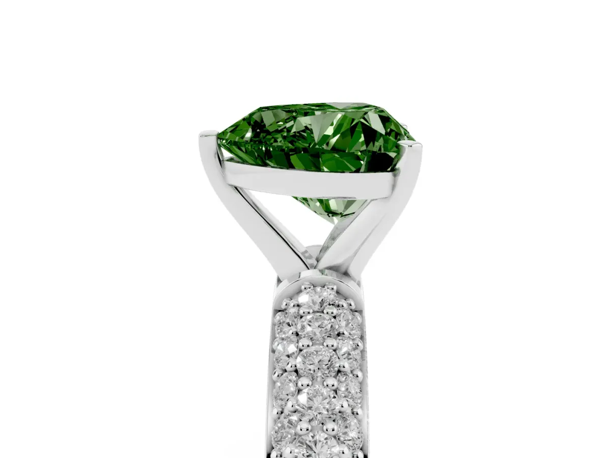 Fancy Green Heart Cut Diamond Solitaire Ring with Prong Setting and Pavé Band Silver