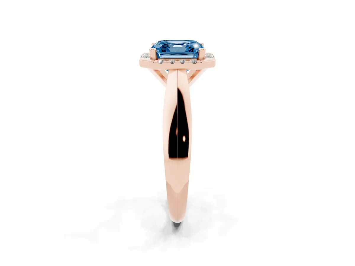 Fancy Blue Asscher Cut Cut Halo Solitaire Engagement Ring with Square Band and Four-Prong Setting Rose gold