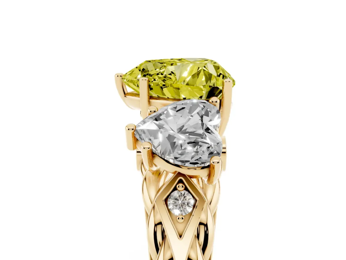 Fancy Yellow Three-Stone Heart Cut Diamond Braided Band Ring with Four-Prong Setting Yellow gold