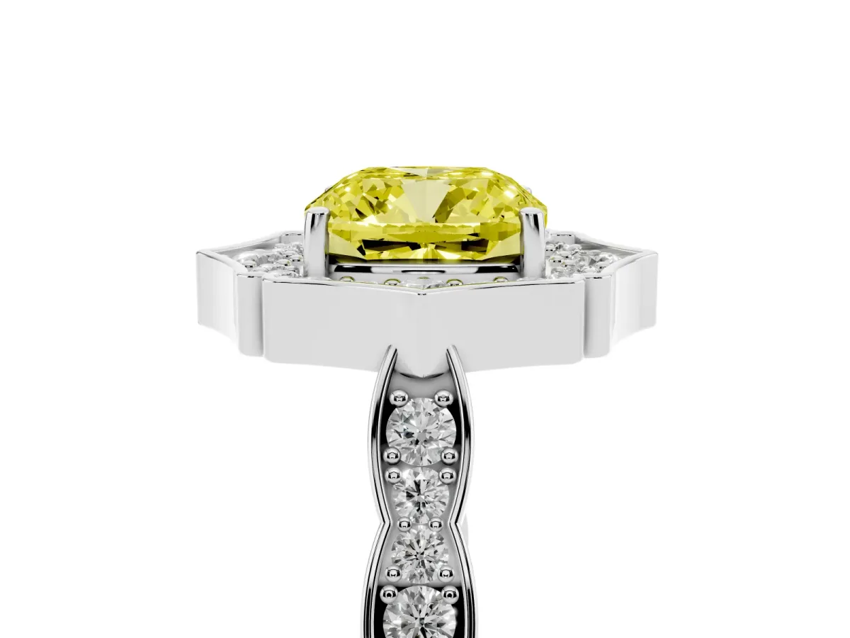 Fancy Yellow Cushion Cut Halo Diamond Engagement Ring with Milgrain Band and Four-Prong Setting White gold