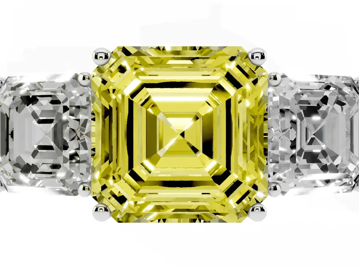 Fancy Yellow Three-Stone Asscher Cut Cut Diamond Engagement Ring with Flat Band and Four-Prong Setting Silver