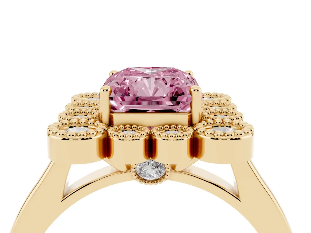 Fancy Pink Radiant Cut Halo Diamond Cluster Engagement Ring with Milgrain Bezel Setting and Solitaire Band Yellow gold
