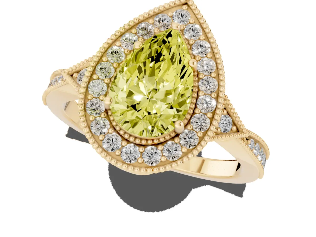 Fancy Yellow Pear Cut Halo Round Diamond Milgrain Pave Engagement Ring Yellow gold
