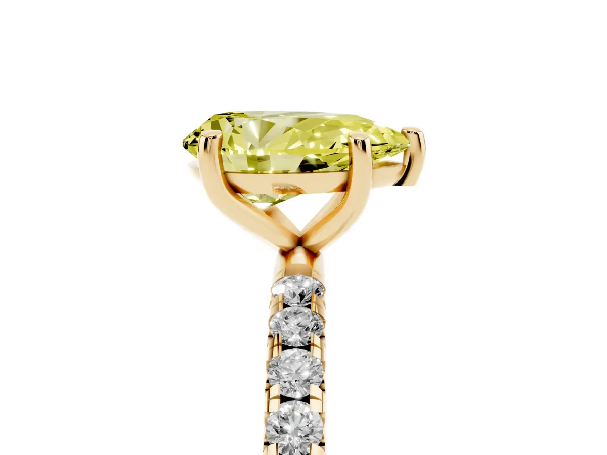 Fancy Yellow Pear Cut Cut Diamond Solitaire Ring with Micro Pave Band and Four Prong Setting Yellow gold