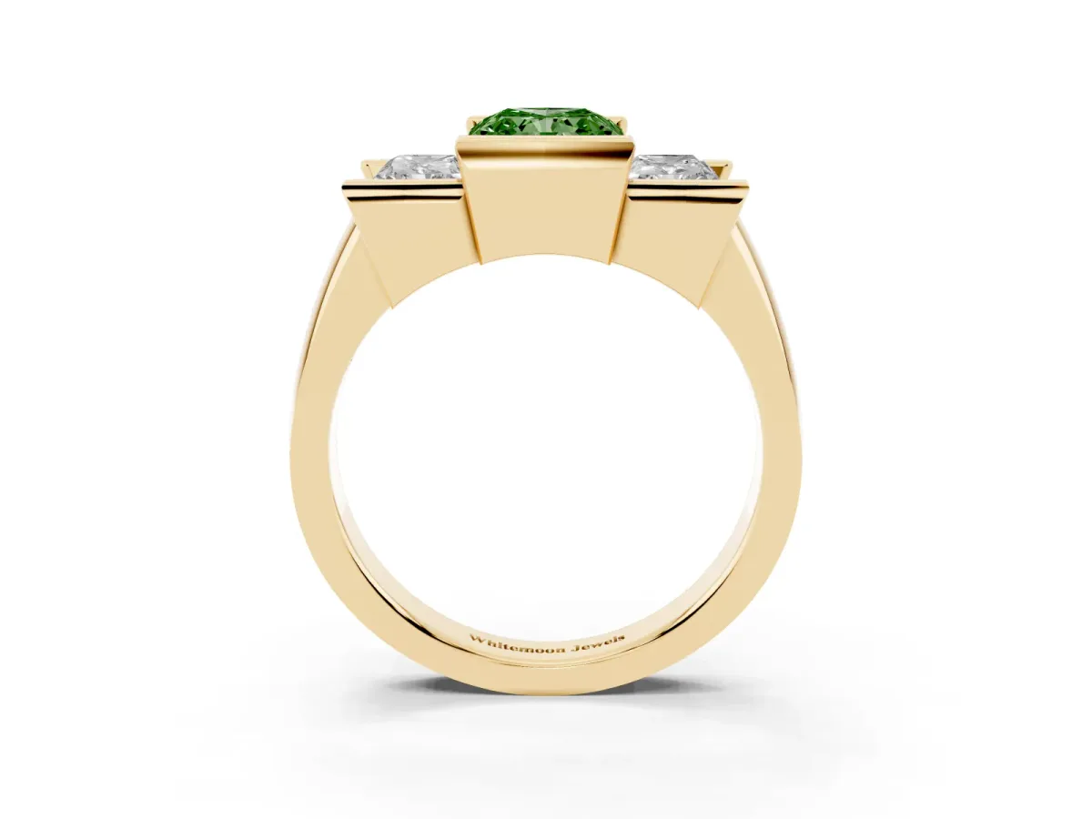 Fancy Green Three Stone Radiant Cut Cut Channel Set Diamond Ring Yellow gold