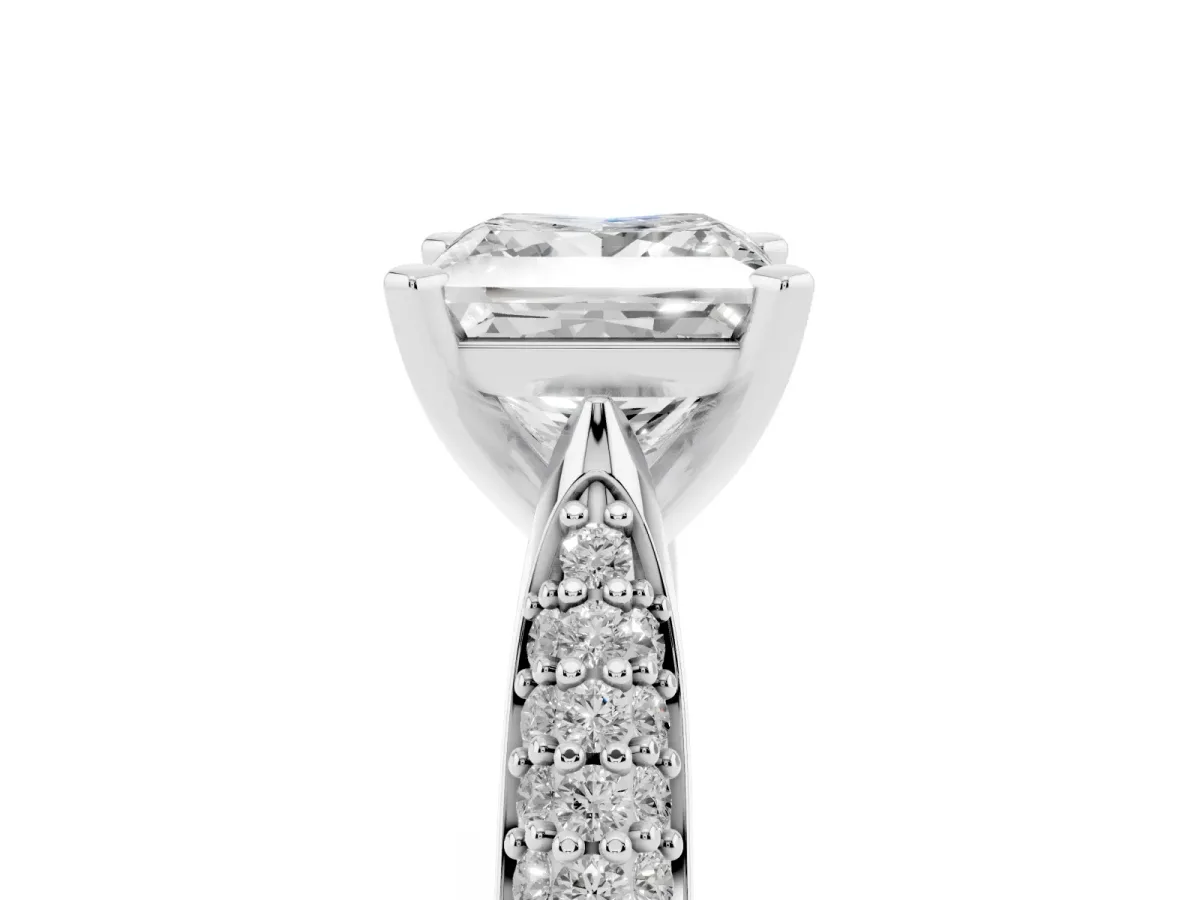 Princess Cut Diamond Solitaire Engagement Ring with Multi-Row Round Pavé Band and Prong Setting Silver